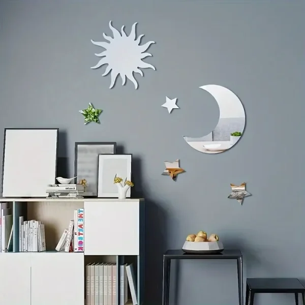 6pcs Star Moon Sun Shaped Mirror Wall Sticker, Removable DIY Art Acrylic Wall Decal, Creative Self-adhesive Mirror Sticker For 2