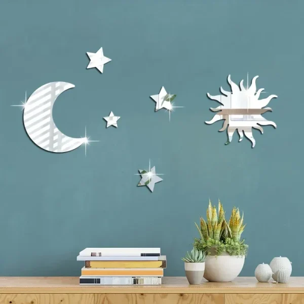 6pcs Star Moon Sun Shaped Mirror Wall Sticker, Removable DIY Art Acrylic Wall Decal, Creative Self-adhesive Mirror Sticker For 3