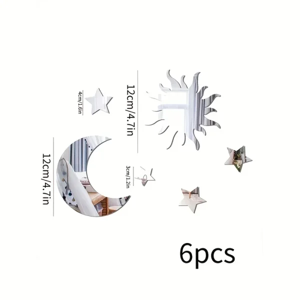 6pcs Star Moon Sun Shaped Mirror Wall Sticker, Removable DIY Art Acrylic Wall Decal, Creative Self-adhesive Mirror Sticker For 6