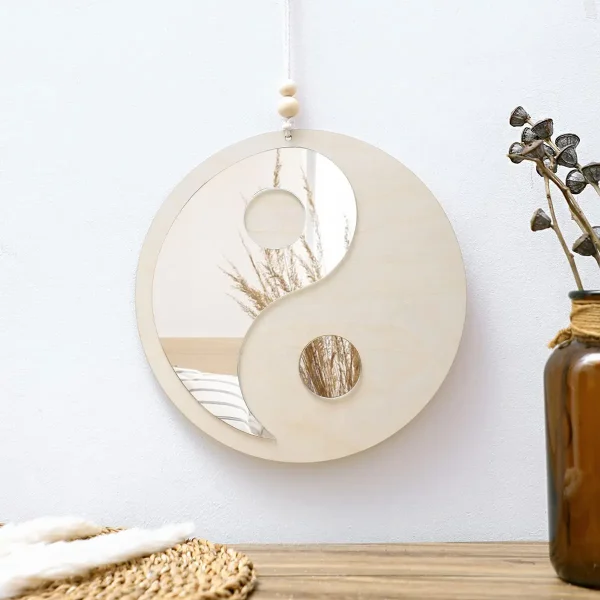 Wooden Mirror Home Decor Boho Wall Mirrors for Living Room Bedroom Tai Chi Yin Yang Wood Mirrors Room House Feng Shui Decoration 1