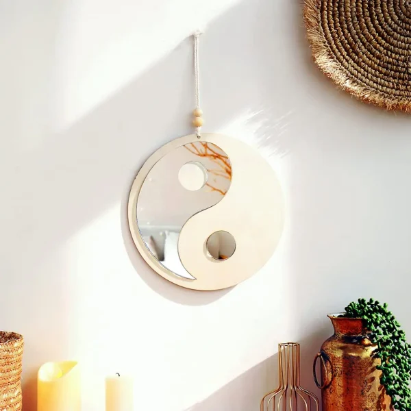 Wooden Mirror Home Decor Boho Wall Mirrors for Living Room Bedroom Tai Chi Yin Yang Wood Mirrors Room House Feng Shui Decoration 2