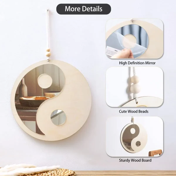 Wooden Mirror Home Decor Boho Wall Mirrors for Living Room Bedroom Tai Chi Yin Yang Wood Mirrors Room House Feng Shui Decoration 4
