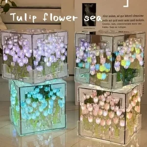 2025 DIY Tulip Mirror Cube Lamp Simulation Flower Bedroom Sleeping Table Lamp Handmade Craft Tulip Mirror Night Light Birthday 1