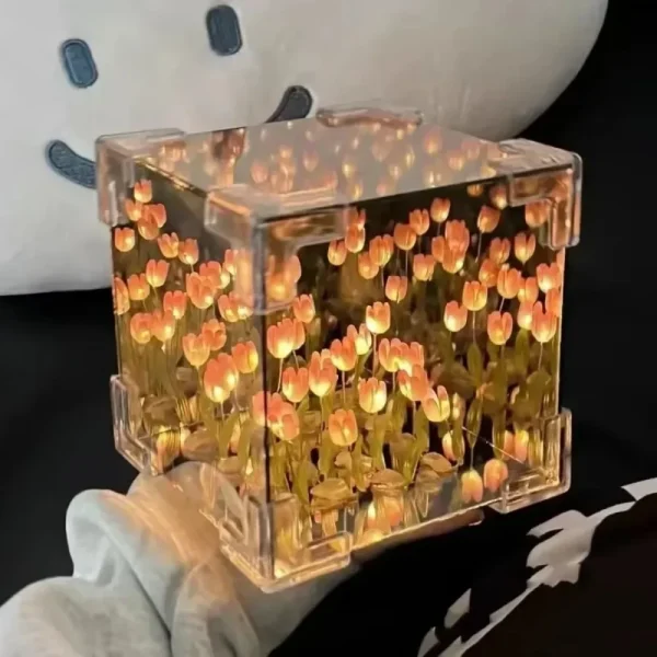 2025 DIY Tulip Mirror Cube Lamp Simulation Flower Bedroom Sleeping Table Lamp Handmade Craft Tulip Mirror Night Light Birthday 2