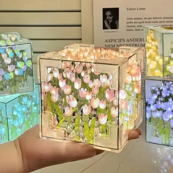 2025 DIY Tulip Mirror Cube Lamp Simulation Flower Bedroom Sleeping Table Lamp Handmade Craft Tulip Mirror Night Light Birthday 4