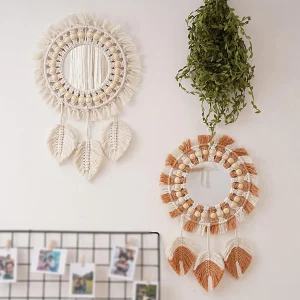 Macrame Hanging Wall Mirror, Boho Fringe Round Handmade Decorative Acrylic Mirror for Apartment Living Room Bedroom Home Decor 1