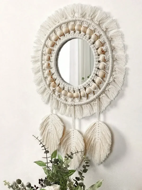 Macrame Hanging Wall Mirror, Boho Fringe Round Handmade Decorative Acrylic Mirror for Apartment Living Room Bedroom Home Decor 2