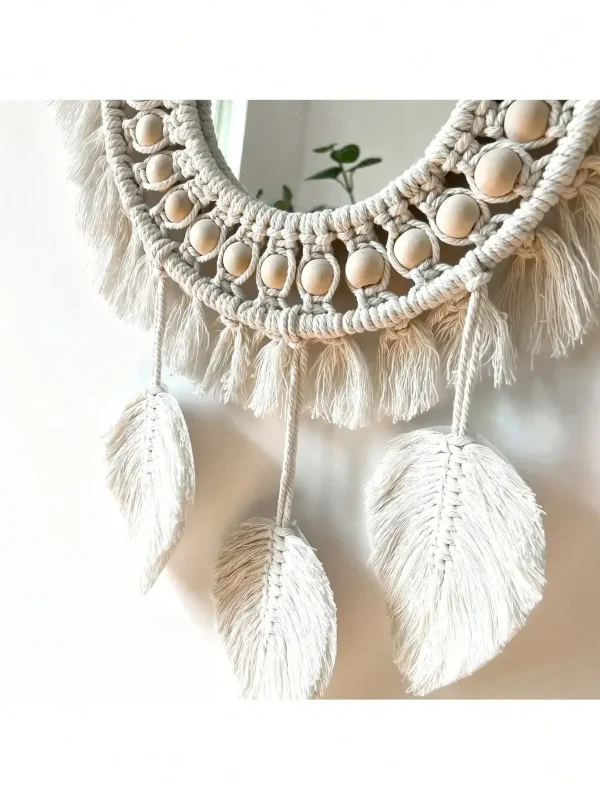 Macrame Hanging Wall Mirror, Boho Fringe Round Handmade Decorative Acrylic Mirror for Apartment Living Room Bedroom Home Decor 3