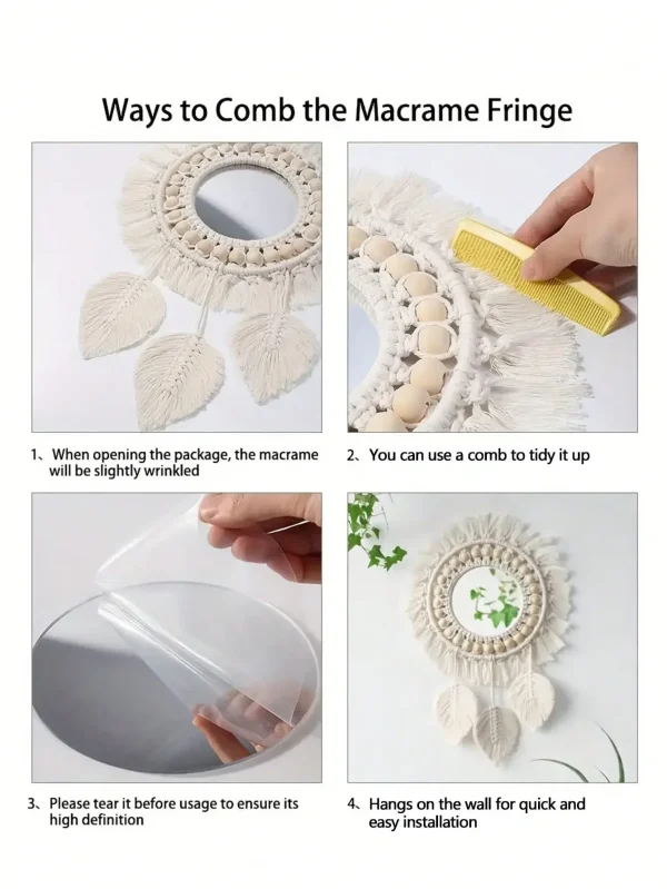 Macrame Hanging Wall Mirror, Boho Fringe Round Handmade Decorative Acrylic Mirror for Apartment Living Room Bedroom Home Decor 4