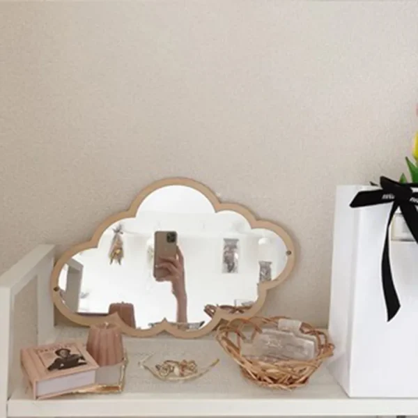 Cloud Shape Mirror 33*23cm Wooden Frame Acrylic Makeup Mirror Nordic Wooden Cloud Mirror Sticker Cute Home Decoration 1