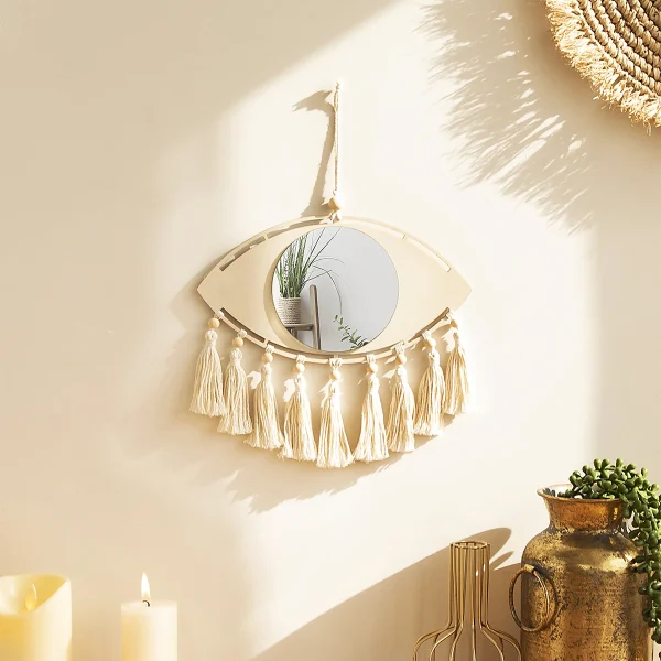 Macrame Mirror Eye Decorative Mirrors Wooden Home Wall Decor Boho Evil Eye Makeup Mirror Bedroom Living Room Tassel Decoration 1