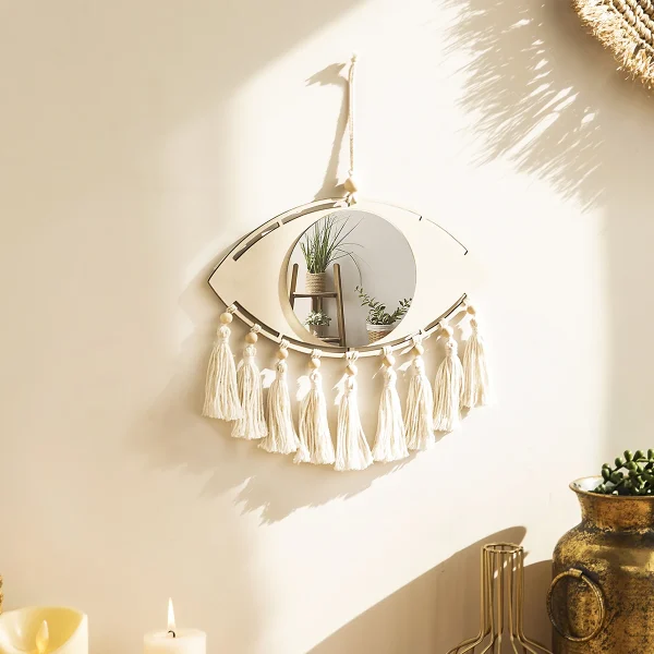 Macrame Mirror Eye Decorative Mirrors Wooden Home Wall Decor Boho Evil Eye Makeup Mirror Bedroom Living Room Tassel Decoration 2