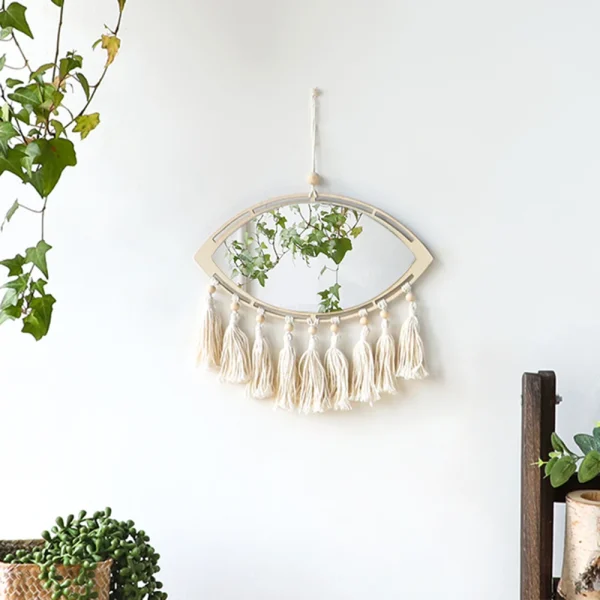Macrame Mirror Eye Decorative Mirrors Wooden Home Wall Decor Boho Evil Eye Makeup Mirror Bedroom Living Room Tassel Decoration 6