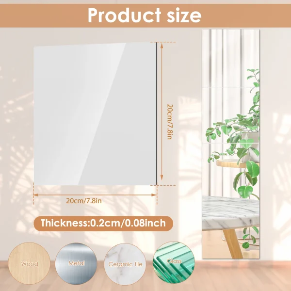 4/8Pcs Acrylic Mirrors Set Self Adhesive Mirror Tiles 2mm Thick Flexible Unbreakable Mirror Sticker Square Mirror Wall Stickers 6