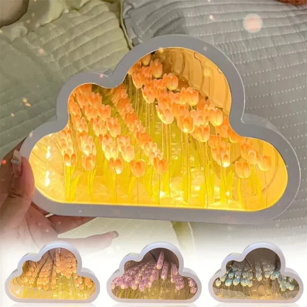 DIY Cloud Mirror Tulip Lamp Night Light Girl Bedroom Ornaments Photo Frame Handmade Glass Bedside Sleep Light Christmas Gifts 1
