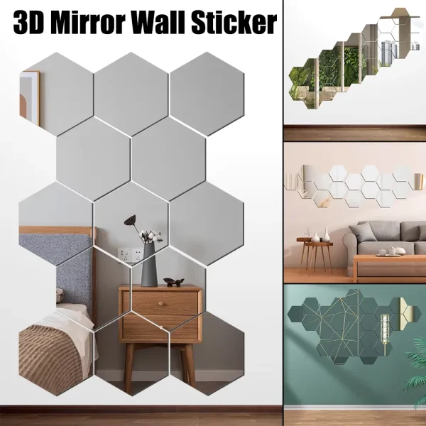 12/24Pcs 3D DIY Removable Hexagon Mirror Wall Stickers Self Adhesive Aesthetic Mosaic Tiles Decals Mirror Home Decoration 2