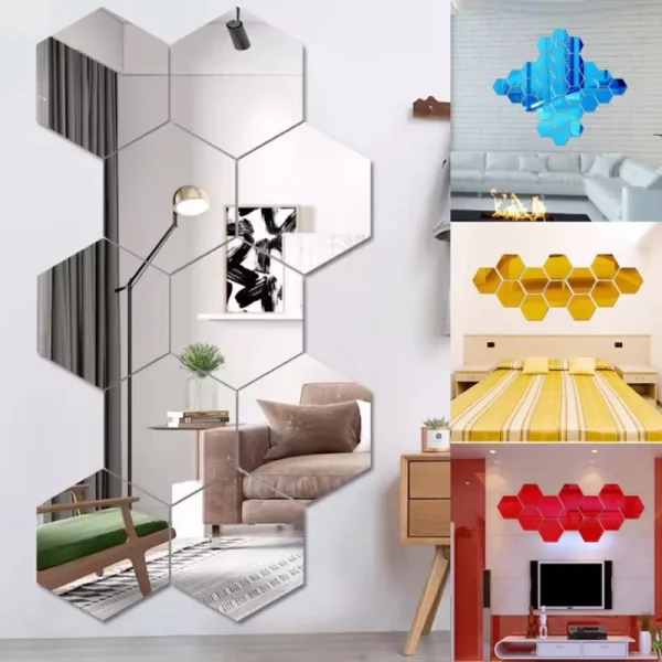 12/24Pcs 3D DIY Removable Hexagon Mirror Wall Stickers Self Adhesive Aesthetic Mosaic Tiles Decals Mirror Home Decoration 4