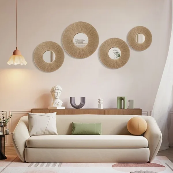 Round Decorative Wall Mirrors Farmhouse Circle Mirror with Hemp Rope Boho Mirrors for Bedroom, Bathroom, Living Room Decor Gift 2