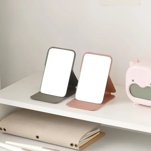 Desktop Makeup Mirror Solid Color PU Leather Simple Portable Handheld Makeup Mirror Foldable Student Compact Cute Pocket Mirror 2