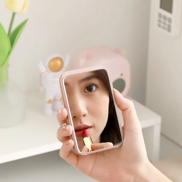 Desktop Makeup Mirror Solid Color PU Leather Simple Portable Handheld Makeup Mirror Foldable Student Compact Cute Pocket Mirror 4