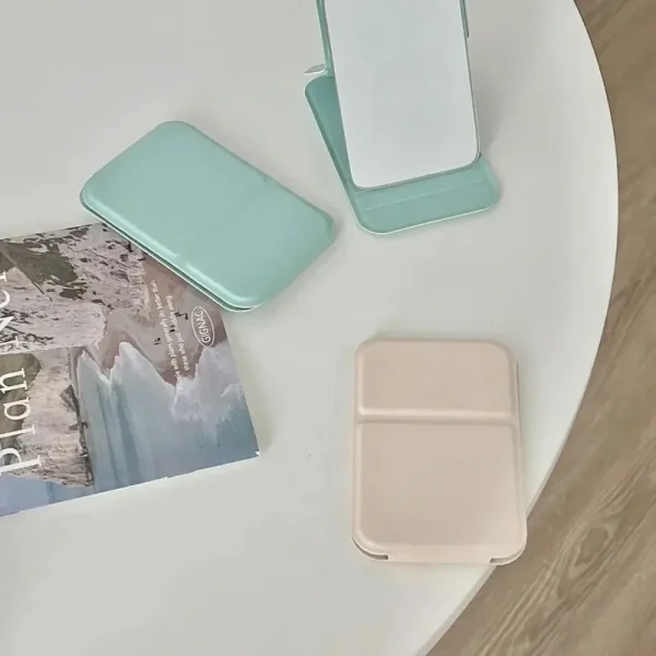Desktop Makeup Mirror Solid Color PU Leather Simple Portable Handheld Makeup Mirror Foldable Student Compact Cute Pocket Mirror 5