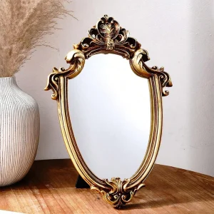 Vintage Gold Patterned Mirror Decoration Table Wall Mirror with Stand for Room Bedroom Dresser Desktop Decor European Style 1