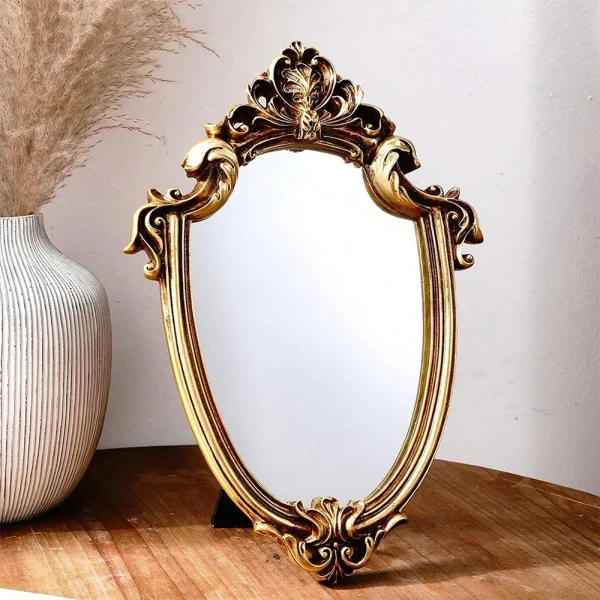 Vintage Gold Patterned Mirror Decoration Table Wall Mirror with Stand for Room Bedroom Dresser Desktop Decor European Style 1