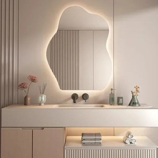 Nordic Irregular LED Mirror Bathroom Wall Living Room Small Light Aesthetic Funky Mirror Bedroom Minimalist Lustro Home Decor 2