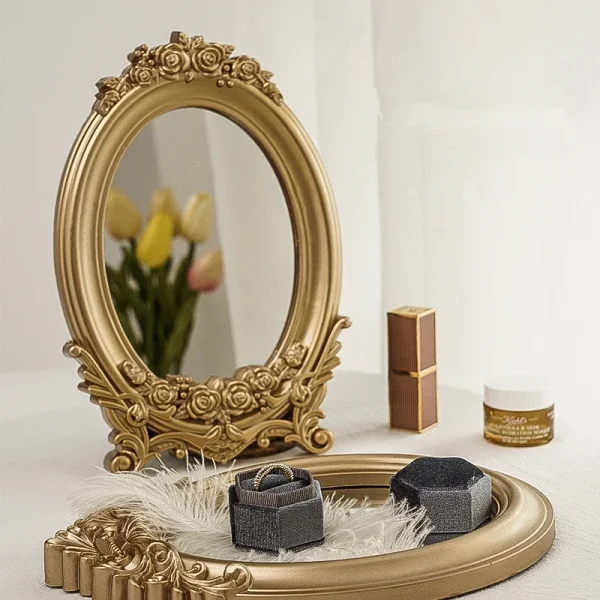 Rustic French Palace Style Carving Frame Table Mirror Gold Decorative Tray Home Decorative Mirror Bedroom Table Makeup Mirror 1