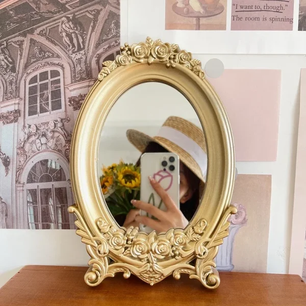 Rustic French Palace Style Carving Frame Table Mirror Gold Decorative Tray Home Decorative Mirror Bedroom Table Makeup Mirror 2