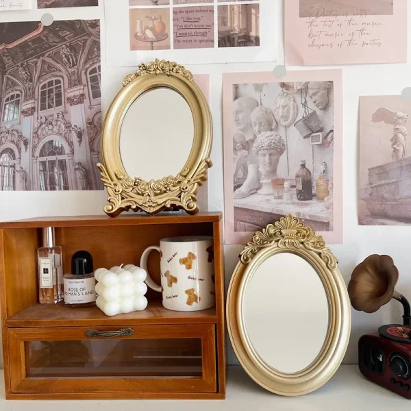 Rustic French Palace Style Carving Frame Table Mirror Gold Decorative Tray Home Decorative Mirror Bedroom Table Makeup Mirror 3