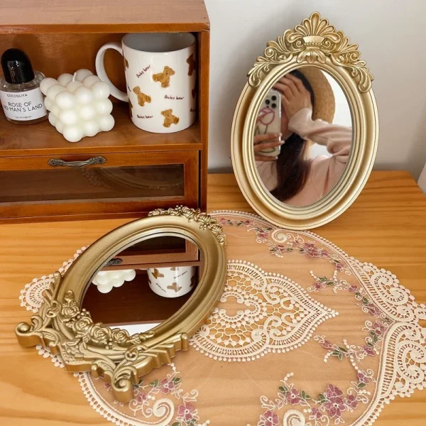 Rustic French Palace Style Carving Frame Table Mirror Gold Decorative Tray Home Decorative Mirror Bedroom Table Makeup Mirror 4