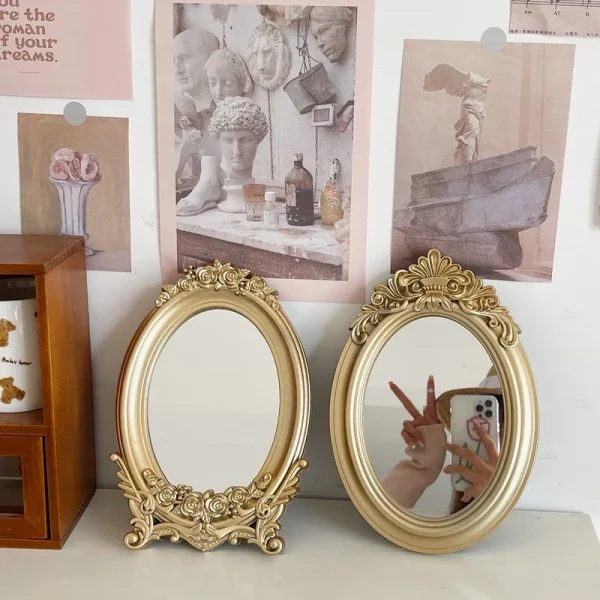 Rustic French Palace Style Carving Frame Table Mirror Gold Decorative Tray Home Decorative Mirror Bedroom Table Makeup Mirror 5
