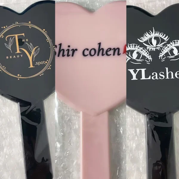 Custom Logo Personalized Heart Shape Handle Mirrors Pink Black White Hand Held Mirror Wig Specilist Lash Artist Makeup Tools 2