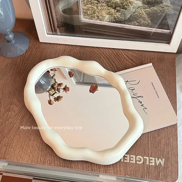 1PC Cream Style Makeup Mirror Decorative Irregular Simple Standing Dresser Mirror Cloud Shaped French Hairdressing Wall Mirror 2
