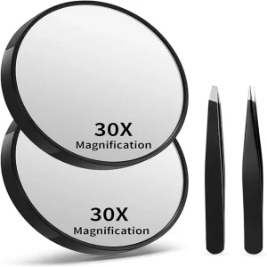 3.5 Inch 30X Magnified Mirror with Three Mounting Suction Cups Tweezers Travel Makeup Kit for Shaving Blackhead Blemish Removal 1