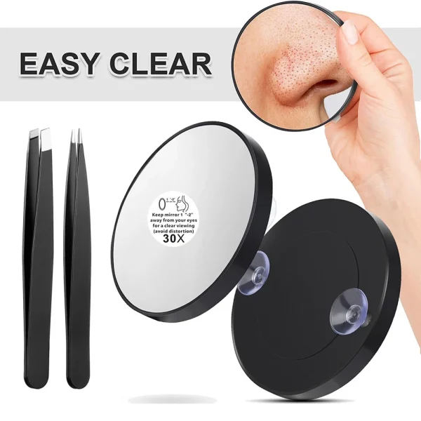 3.5 Inch 30X Magnified Mirror with Three Mounting Suction Cups Tweezers Travel Makeup Kit for Shaving Blackhead Blemish Removal 2