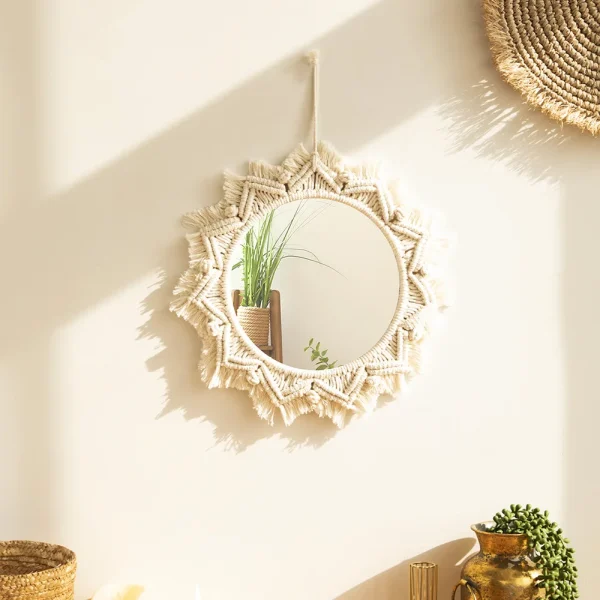 Boho Wall Mirror Decor Round Macrame Hanging Wall Art Decoration for Bedroom Nursery Living Room Apartment Office Entryways Home 2