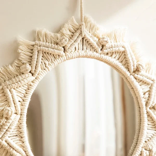 Boho Wall Mirror Decor Round Macrame Hanging Wall Art Decoration for Bedroom Nursery Living Room Apartment Office Entryways Home 3
