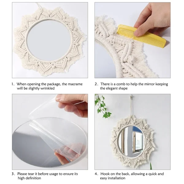 Boho Wall Mirror Decor Round Macrame Hanging Wall Art Decoration for Bedroom Nursery Living Room Apartment Office Entryways Home 4