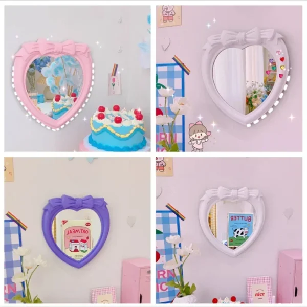 Ins Style Pink Bow Heart-shaped Mirror Home Decor Desktop Wall Hanging Dual-use Dresser Room Student Dormitory Decoration Mirror 1