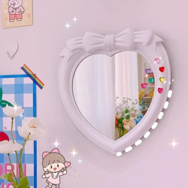 Ins Style Pink Bow Heart-shaped Mirror Home Decor Desktop Wall Hanging Dual-use Dresser Room Student Dormitory Decoration Mirror 2