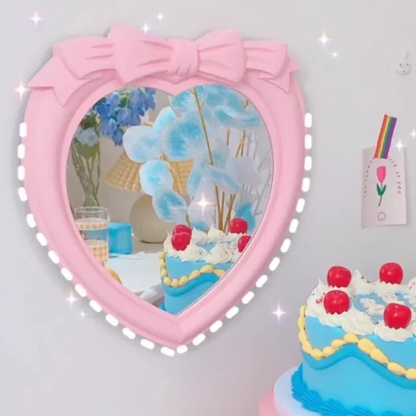 Ins Style Pink Bow Heart-shaped Mirror Home Decor Desktop Wall Hanging Dual-use Dresser Room Student Dormitory Decoration Mirror 5