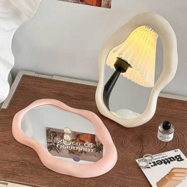 1PC Cream Style Makeup Mirror Decorative Irregular Simple Standing Dresser Mirror Cloud Shaped French Hairdressing Wall Mirror 3