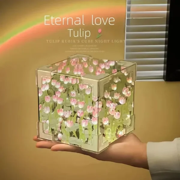 DIY Tulip Mirror Cube Lamp Simulation Flower Bedroom Sleeping Table Lamp Handmade Craft Romantic Valentine's Day Birthday Gifts 2