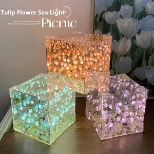 DIY Handmade Tulip Mirror Cube Lamp Simulation Flower Bedroom Sleeping Table Lamp Craft Tulips Mirror Night Light Birthday Gift 1