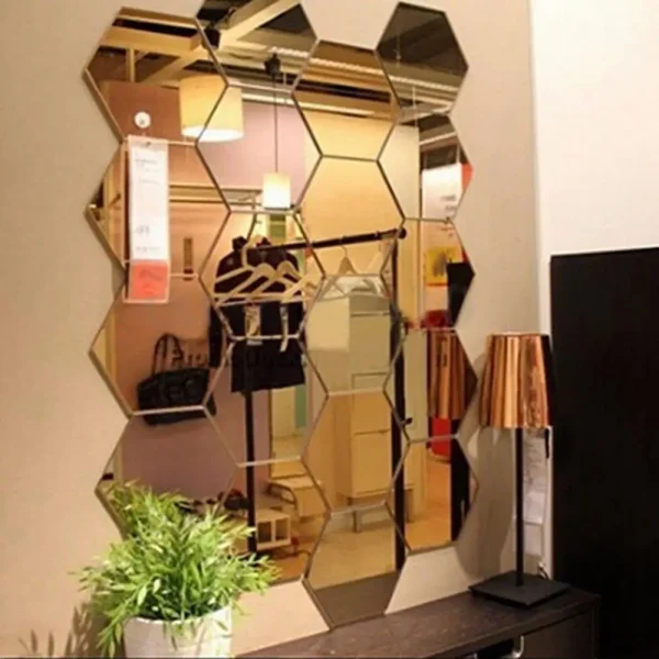 12Pcs Hexagonal Self Adhesive Mirror 3D Mirror Wall Sticker Home Decor Decorations DIY Removable Living Room Decal Art Ornaments 1