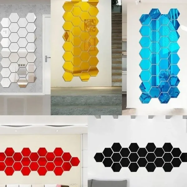 12Pcs Hexagonal Self Adhesive Mirror 3D Mirror Wall Sticker Home Decor Decorations DIY Removable Living Room Decal Art Ornaments 3