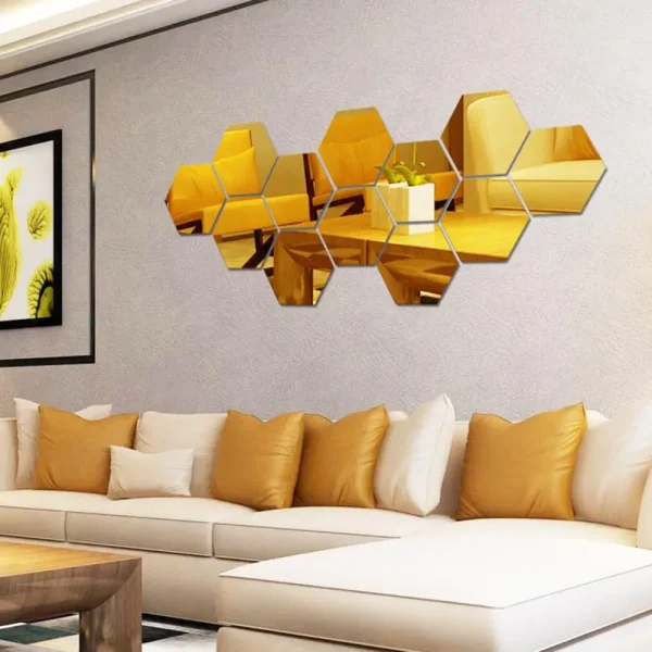 12Pcs Hexagonal Self Adhesive Mirror 3D Mirror Wall Sticker Home Decor Decorations DIY Removable Living Room Decal Art Ornaments 4