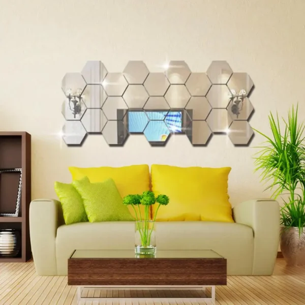 12Pcs Hexagonal Self Adhesive Mirror 3D Mirror Wall Sticker Home Decor Decorations DIY Removable Living Room Decal Art Ornaments 6